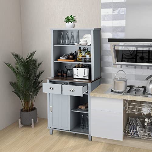 LOKO 67” Kitchen Pantry Storage Cabinet, Freestanding Buffet Sideboard with 3 Open Shelves, Microwave Countertop, 2 Pull-Out Drawers & Sliding Door Cabinet, Kitchen Hutch for Dining Room (Grey)