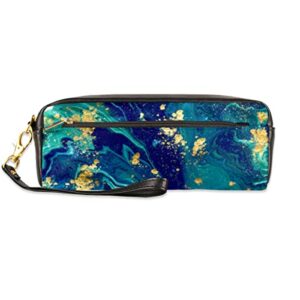 tropicallife turquoise marbling texture golden pencil case, portable pu leather pencil pen case pouch bag with zipper for travel, school, cosmetic bag