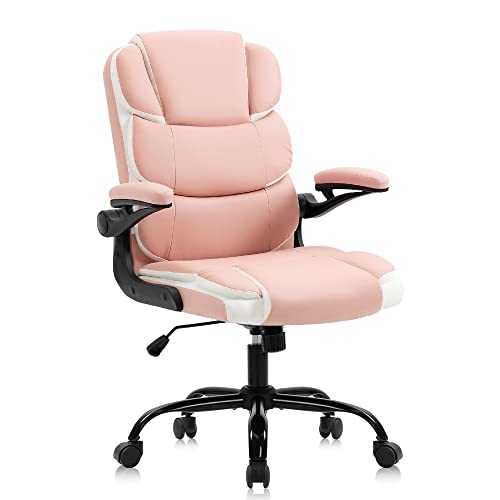 TFIIEXFL Office Chairs Pink Desk Chair with Arms PU Leather Computer Chair for