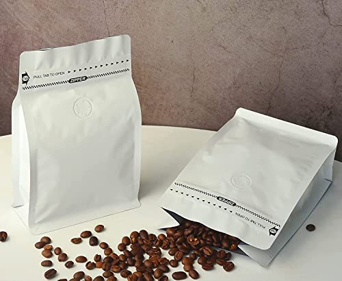 12oz 100pcs High Barrier Wihite Coffee Bags with Aluminum Foil Liner, Resealable Coffee Pouches with Degassing Valve, Ziplock Food Storage Bags with Pull Tape, 12oz/0.75lb/340gram, Pack of 100