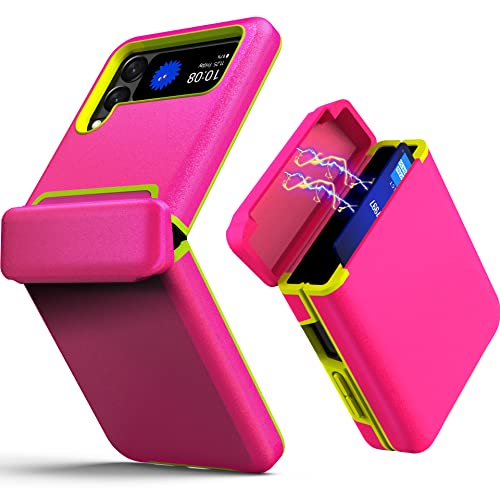 X-FOUR Compatible with Galaxy Z Flip 4 Case with [ Card Slot ] [ Hinge Protection ] for Samsung Galaxy Z Flip 4 5G Case with Card Holder Hard PC Shockproof Protective Cover - Neon Pink