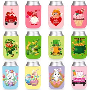 whaline 12pcs can sleeves st. patrick's day easter neoprene can cooler cover 12 designs reusable holiday themed thermocooler valentines bottle sleeve for beverages cans party supplies