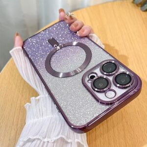 illians glitter case for iphone 14 pro max (compatible with magsafe) camera lens protector bling plating case shockproof protection anti-scratch iphone 14 pro max case for women men - purple