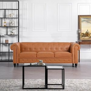 naomi home emery chesterfield sofa with rolled arms, tufted cushions / 3 seater sectional sofa couch for small spaces, living room, bedroom, apartment, easy tool-free assembly, caramel, air leather