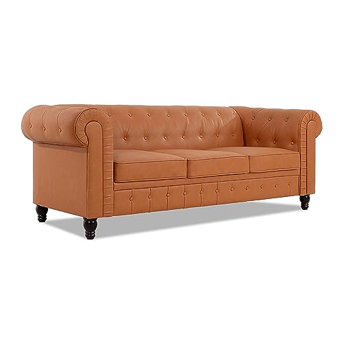 Naomi Home Emery Chesterfield Sofa with Rolled Arms, Tufted Cushions / 3 Seater Sectional Sofa Couch for Small Spaces, Living Room, Bedroom, Apartment, Easy Tool-Free Assembly, Caramel, Air Leather