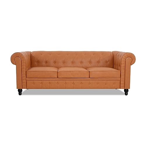 Naomi Home Emery Chesterfield Sofa with Rolled Arms, Tufted Cushions / 3 Seater Sectional Sofa Couch for Small Spaces, Living Room, Bedroom, Apartment, Easy Tool-Free Assembly, Caramel, Air Leather