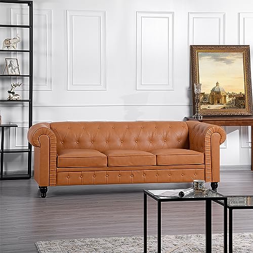 Naomi Home Emery Chesterfield Sofa with Rolled Arms, Tufted Cushions / 3 Seater Sectional Sofa Couch for Small Spaces, Living Room, Bedroom, Apartment, Easy Tool-Free Assembly, Caramel, Air Leather