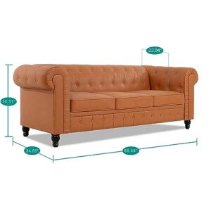 Naomi Home Emery Chesterfield Sofa with Rolled Arms, Tufted Cushions / 3 Seater Sectional Sofa Couch for Small Spaces, Living Room, Bedroom, Apartment, Easy Tool-Free Assembly, Caramel, Air Leather