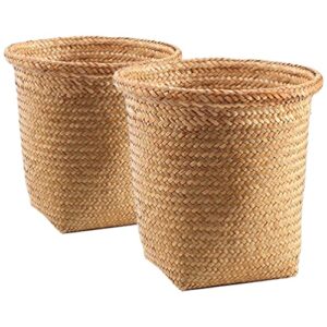 sewroro laundry basket 2pcs seagrass waste basket woven trash can woven wastebasket round trash can wicker waste basket garbage container bin for bathrooms kitchens home office wicker storage basket