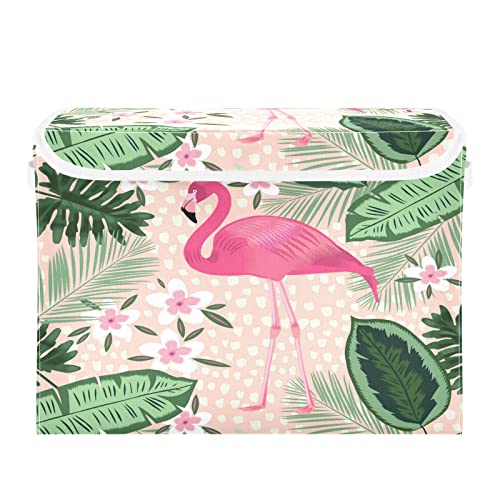 Kigai Tropical Pink Flamingo Storage Bins with Lids and Handles 17x13x12 In Foldable Fabric Storage Basket Toys Clothes Organizer for Shelves Closet Home Bedroom Office