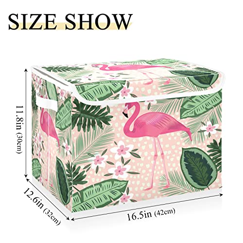 Kigai Tropical Pink Flamingo Storage Bins with Lids and Handles 17x13x12 In Foldable Fabric Storage Basket Toys Clothes Organizer for Shelves Closet Home Bedroom Office