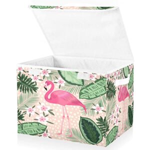 Kigai Tropical Pink Flamingo Storage Bins with Lids and Handles 17x13x12 In Foldable Fabric Storage Basket Toys Clothes Organizer for Shelves Closet Home Bedroom Office