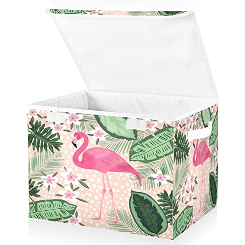 Kigai Tropical Pink Flamingo Storage Bins with Lids and Handles 17x13x12 In Foldable Fabric Storage Basket Toys Clothes Organizer for Shelves Closet Home Bedroom Office