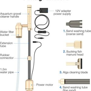 bedee Electric Aquarium Gravel Cleaner, Fish Tank Vacuum Gravel Cleaner, 6 in 1 Automatic Aquarium Vacuum Cleaner Kit for Water Changing & Wash Sand with Adjustable Water Flow, DC 12V, 18W【Beige】