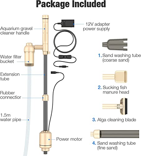 bedee Electric Aquarium Gravel Cleaner, Fish Tank Vacuum Gravel Cleaner, 6 in 1 Automatic Aquarium Vacuum Cleaner Kit for Water Changing & Wash Sand with Adjustable Water Flow, DC 12V, 18W【Beige】