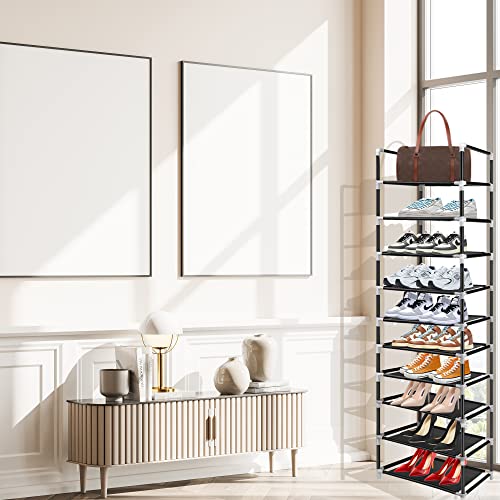 ERONE Tall Shoe Rack 10 Tiers Narrow Shoe Storage Rack 20 Pairs Shoes and Boots Shoe Shelf Organizer Black Metal Space Saving Slim Shoe Tower Cabinet for Closet Entryway