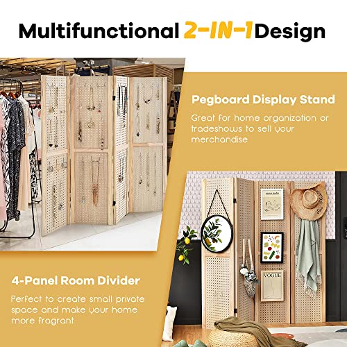 DORTALA 4-Panel Pegboard Display Divider for Room Separation, 5' Tall Room Dividers and Folding Privacy Screens, Multifunction Partition Room Dividers for Craft Jewelry Cloth Art Display