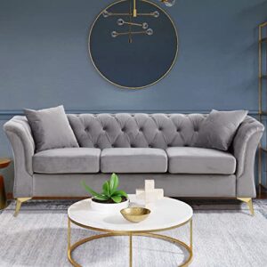 kevinplus 84'' chesterfield sofa couch for living room, modern velvet 3-seat upholstered sofa couch for apartment bedroom dorm office, strong gold metal legs, 2 pillows, grey