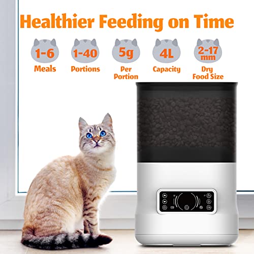 DOGNESS Automatic Cat Feeders, Dog Food Dispenser with Voice Recorder, Dual Power Supply Timed Auto Pet Feeder, Easily Programmable Timer for 1-6 Meals,1-40 Portions Daily, Clog-Free Design, 4L, White