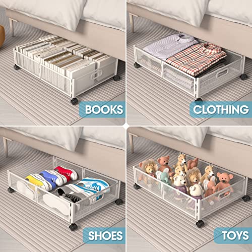 Fabutendus 2 PCS under-bed storage drawer, underbed storage with wheels, under-the-bed storage, Tool-free Assembly Metal Under-Bed Shoe Storage Organizer for Clothes Blankets Shoes Bedding Toys, White