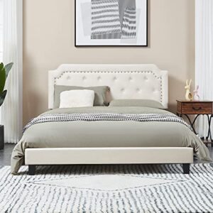 sunsgrove queen bed frame, velvet upholstered platform bed with curved button tufted headboard with nailhead trim, solid wooden slats support, no box spring needed, beige