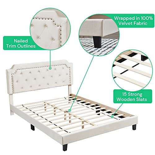 SunsGrove Queen Bed Frame, Velvet Upholstered Platform Bed with Curved Button Tufted Headboard with Nailhead Trim, Solid Wooden Slats Support, No Box Spring Needed, Beige