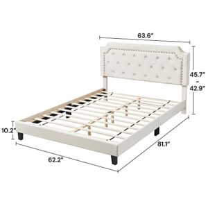 SunsGrove Queen Bed Frame, Velvet Upholstered Platform Bed with Curved Button Tufted Headboard with Nailhead Trim, Solid Wooden Slats Support, No Box Spring Needed, Beige