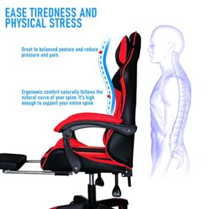 Gaming Chair, Computer Racing Chair with Footrest and Lumbar Support, Ergonomic High Back Office Headrest, Executive Swivel Rolling Leather Video Game (Red) (BRS806)