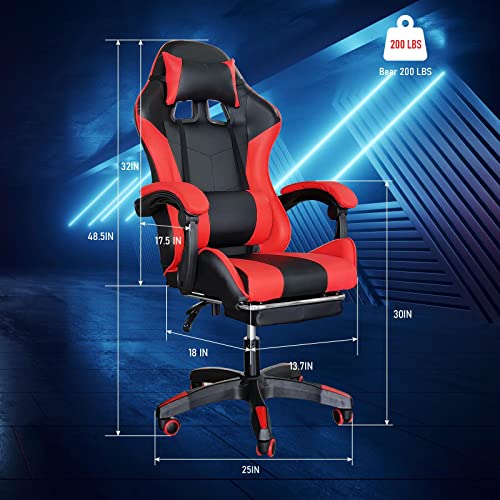 Gaming Chair, Computer Racing Chair with Footrest and Lumbar Support, Ergonomic High Back Office Headrest, Executive Swivel Rolling Leather Video Game (Red) (BRS806)