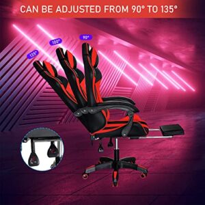 Gaming Chair, Computer Racing Chair with Footrest and Lumbar Support, Ergonomic High Back Office Headrest, Executive Swivel Rolling Leather Video Game (Red) (BRS806)