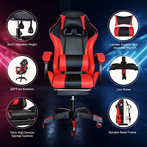 Gaming Chair, Computer Racing Chair with Footrest and Lumbar Support, Ergonomic High Back Office Headrest, Executive Swivel Rolling Leather Video Game (Red) (BRS806)