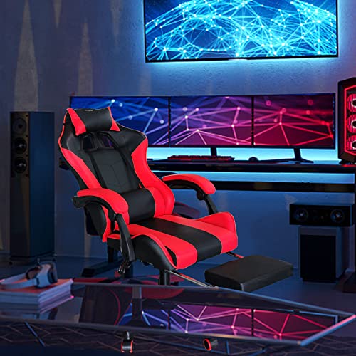 Gaming Chair, Computer Racing Chair with Footrest and Lumbar Support, Ergonomic High Back Office Headrest, Executive Swivel Rolling Leather Video Game (Red) (BRS806)