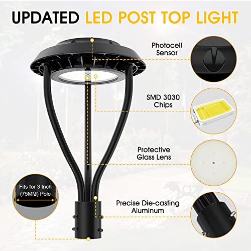 KINSNG Led Post Top Light with Photocell Sensor, LED Circular Area Light DLC ETL Listed 80W 11,200Lm 5000K Daylight[Equivalant to 300W] Outdoor Post Pole Light IP65 for Street Yard Pathway Garden