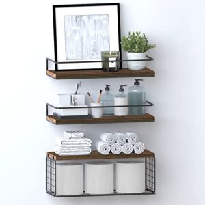 floating shelves wall mounted with storage basket and protective guards,bathroom shelves over toilet,rustic wood shelves for bedroom,living room,kitchen,wall decor,plants,books-dark brown