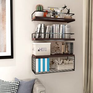 Floating Shelves Wall Mounted with Storage Basket and Protective Guards,Bathroom Shelves Over Toilet,Rustic Wood Shelves for Bedroom,Living Room,Kitchen,Wall Decor,Plants,Books-Dark Brown