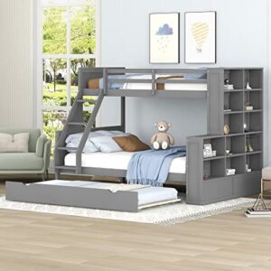 meritline twin over full bunk bed with trundle and storage shelves, solid wood bunk bed frame, can be separated into three separate platform beds, gray