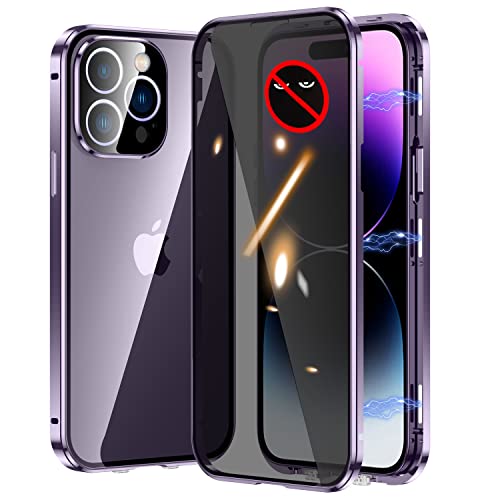 KumWum Privacy Screen Protector for iPhone 14 Pro Max Case Full Body Magnetic Buckle Metal Bumper Slim Thin Front and Back 360 Protection with Camera Lens Protector Cover - Purple