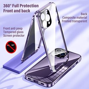 KumWum Privacy Screen Protector for iPhone 14 Pro Max Case Full Body Magnetic Buckle Metal Bumper Slim Thin Front and Back 360 Protection with Camera Lens Protector Cover - Purple