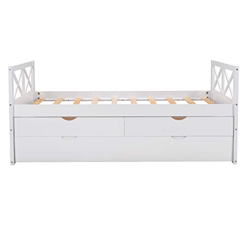 OYN Wooden Twin Multi-Functional Daybed Frame Set with X Headboard,Storage Drawers and Trundle for Children Teen Boys and Girls, White