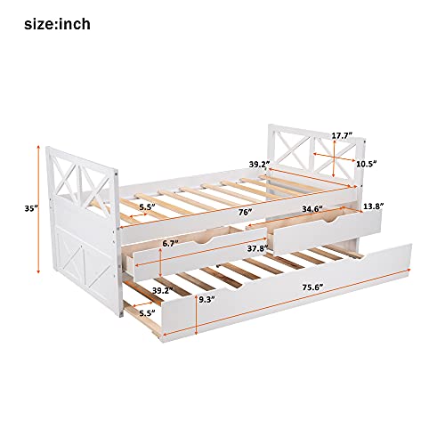 OYN Wooden Twin Multi-Functional Daybed Frame Set with X Headboard,Storage Drawers and Trundle for Children Teen Boys and Girls, White