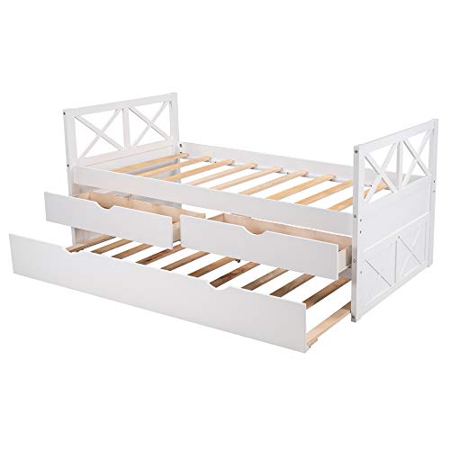 OYN Wooden Twin Multi-Functional Daybed Frame Set with X Headboard,Storage Drawers and Trundle for Children Teen Boys and Girls, White