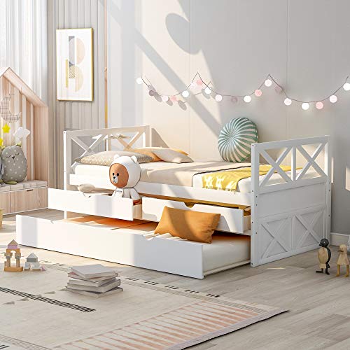 OYN Wooden Twin Multi-Functional Daybed Frame Set with X Headboard,Storage Drawers and Trundle for Children Teen Boys and Girls, White