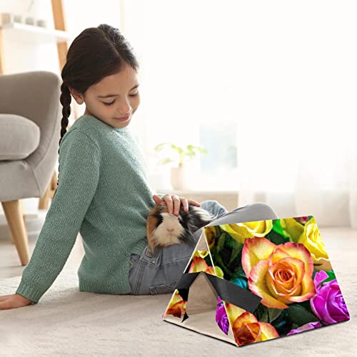 RATGDN Small Pet Hideout Colorful Flower Rose Hamster House Guinea Pig Playhouse for Dwarf Rabbits Hedgehogs Chinchillas