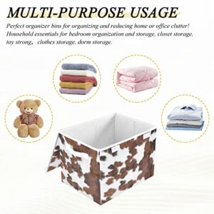 Kigai Storage Basket White Brown Print Cow Storage Boxes with Lids and Handle, Large Storage Cube Bin Collapsible for Shelves Closet Bedroom Living Room, 16.5x12.6x11.8 In