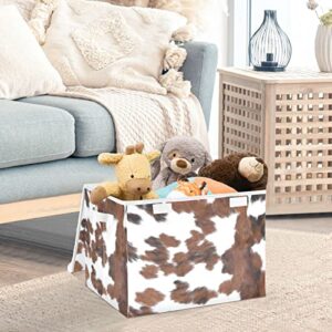 Kigai Storage Basket White Brown Print Cow Storage Boxes with Lids and Handle, Large Storage Cube Bin Collapsible for Shelves Closet Bedroom Living Room, 16.5x12.6x11.8 In