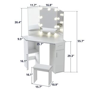 Cozy Castle Corner Vanity Set, Makeup Vanity Desk with Mirror and Lights, Vanity Table with Drawer and Adjustable Shelf for Bedroom, White