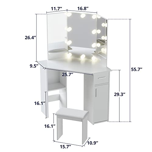 Cozy Castle Corner Vanity Set, Makeup Vanity Desk with Mirror and Lights, Vanity Table with Drawer and Adjustable Shelf for Bedroom, White