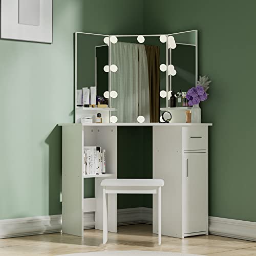 Cozy Castle Corner Vanity Set, Makeup Vanity Desk with Mirror and Lights, Vanity Table with Drawer and Adjustable Shelf for Bedroom, White