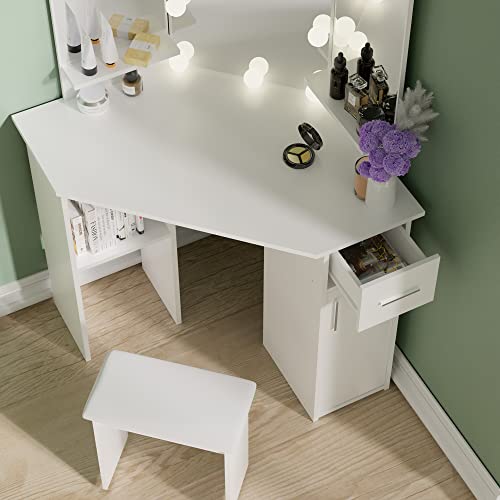 Cozy Castle Corner Vanity Set, Makeup Vanity Desk with Mirror and Lights, Vanity Table with Drawer and Adjustable Shelf for Bedroom, White