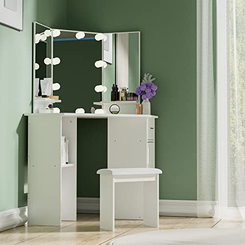 Cozy Castle Corner Vanity Set, Makeup Vanity Desk with Mirror and Lights, Vanity Table with Drawer and Adjustable Shelf for Bedroom, White